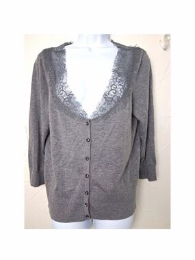 White House Black Market Gray Lace-Trim V-Neck Button Cardigan
